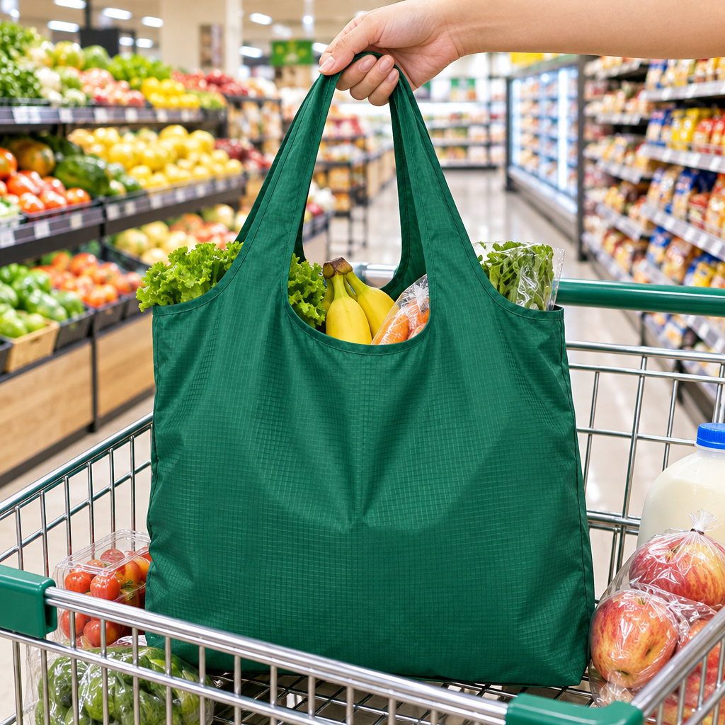 Foldable shopping bag held by hand loaded with groceries in a supermarket shopping cart in Malaysia