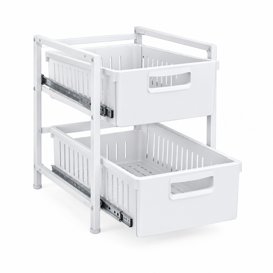 Cabinet storage organizer, white 2-tier pull-out sliding drawer rack on white background