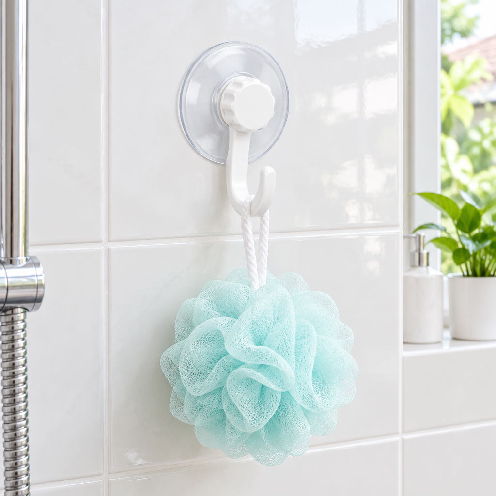 Suction cup hook attached to smooth bathroom tile holding a lightweight bath loofah