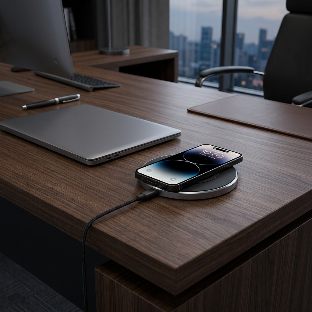 Custom aluminum wireless charging pad charging a smartphone on an executive office desk