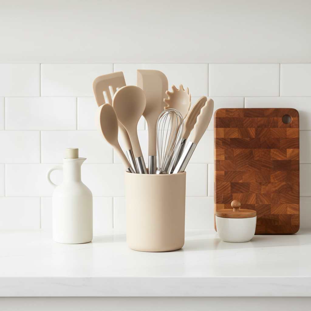 7-piece silicone utensil set in matching caddy on organized modern kitchen countertop