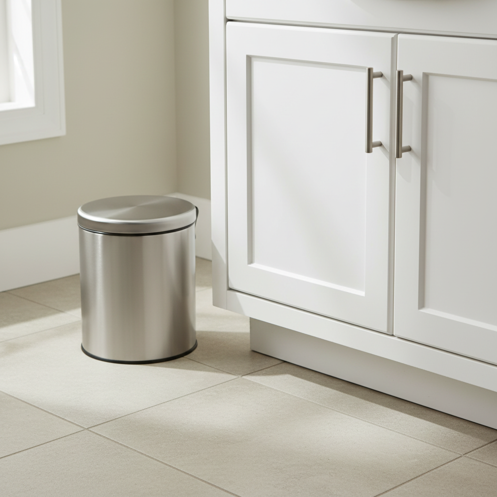 Brushed stainless steel hotel bathroom waste bin with lid placed beside white vanity cabinet base on neutral stone tile floor, clean uncluttered international hotel bathroom hardware display