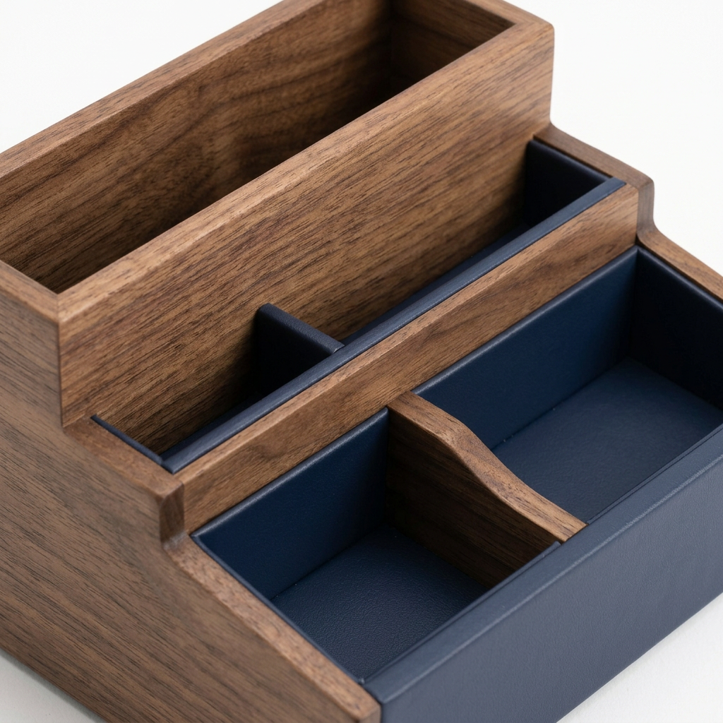 Detail close-up of empty desk organizer showing stepped partition walls and joinery on white background