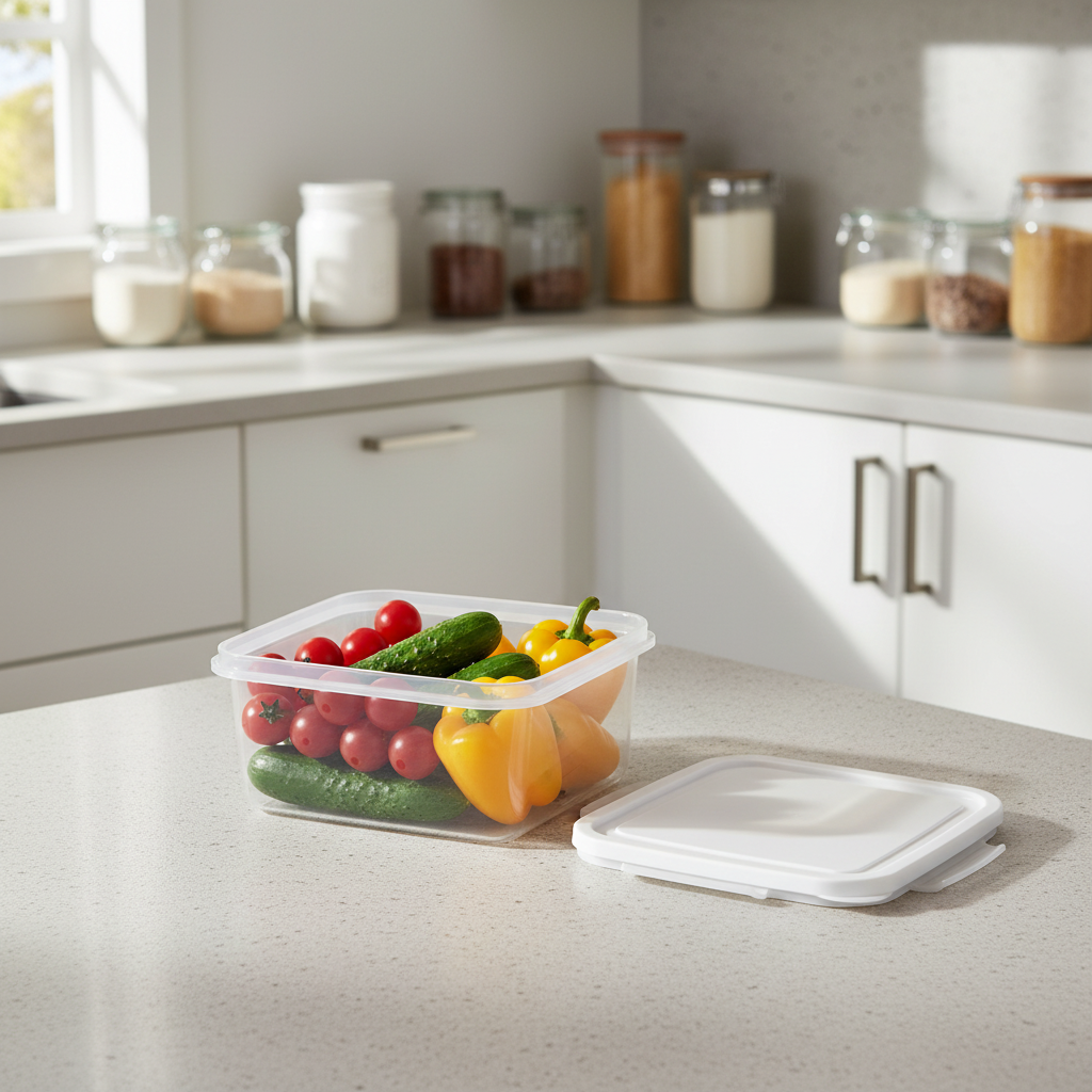 Multi-purpose food storage container holding fresh vegetables on kitchen island