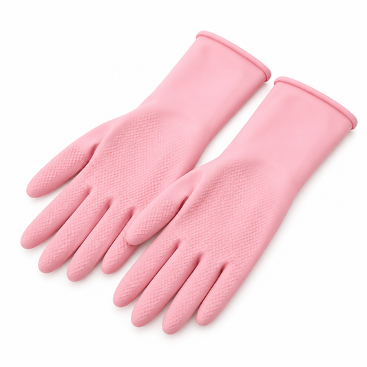 Pair of pink reusable household cleaning gloves with rolled beaded cuffs and diamond textured palms on white background