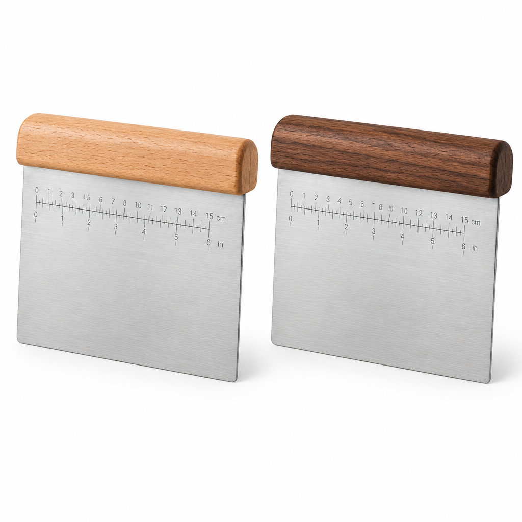 Stainless steel dough scrapers in natural beechwood and dark walnut wood handle options on pure white background