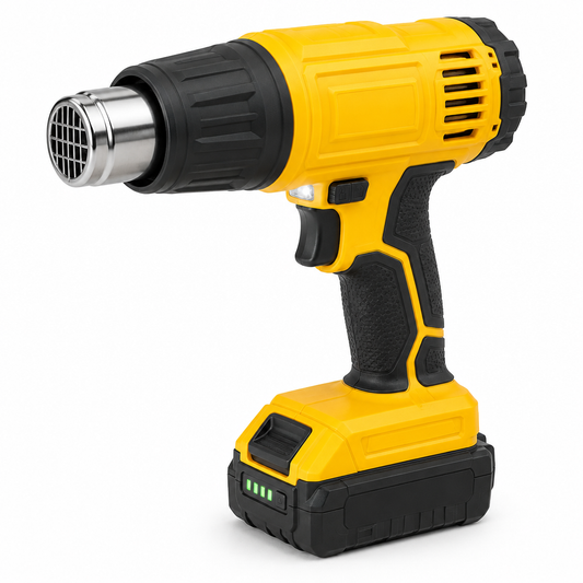 20V heavy-duty cordless electric heat gun with stainless steel nozzle, protective heat barrel collar, and lithium battery on a pure white background