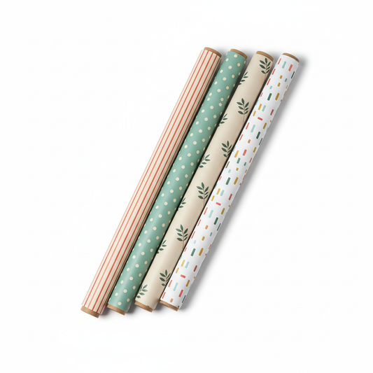 Four gift wrapping paper rolls with coral stripes, aqua dots, green botanical leaves and multicolor geometric confetti on white.