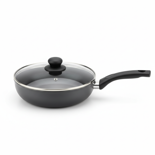 Deep aluminum non-stick frying pan with clear tempered glass lid and heat-resistant handle on a white background.