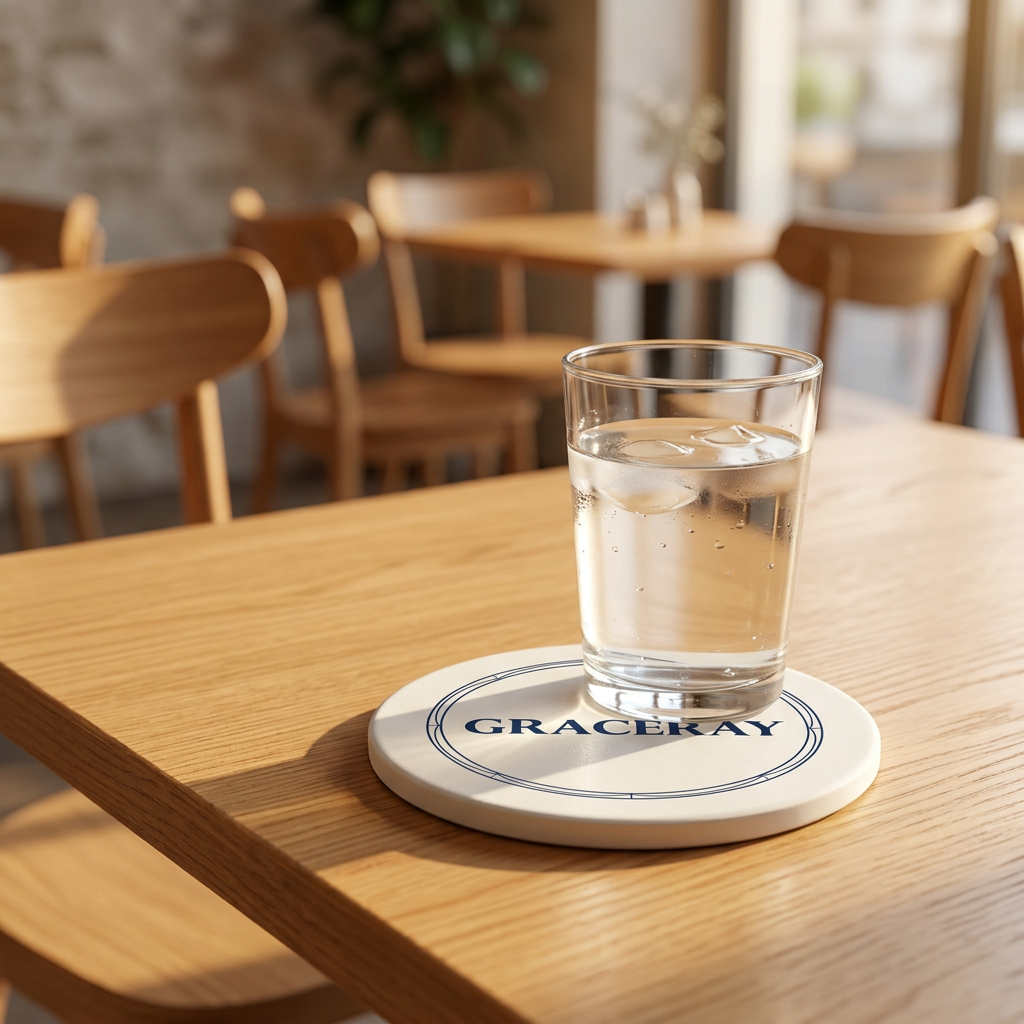 Custom printed promotional coaster beneath a drinking glass on a cafe table with logo visible