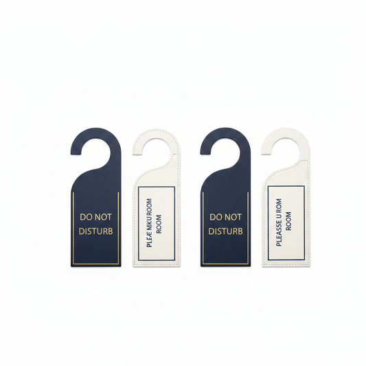 Double-sided hotel door hangers showing Do Not Disturb and Make Up Room on white background