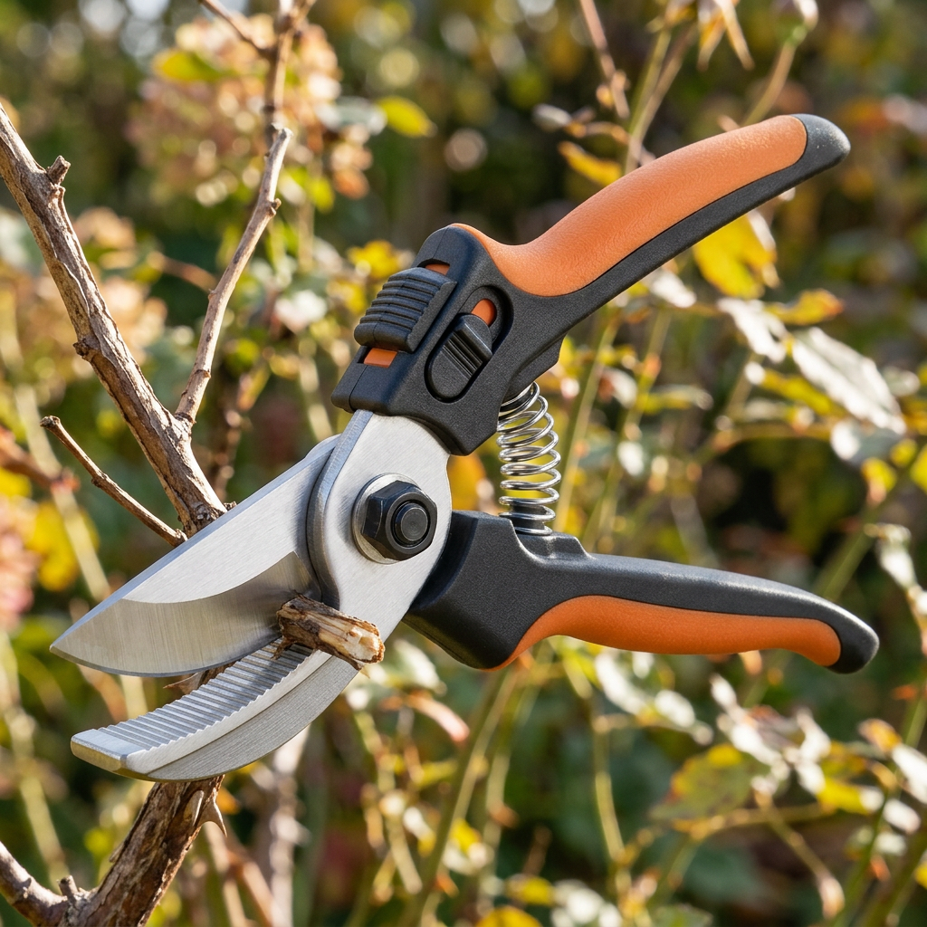 Anvil pruning shears cleanly cutting through a dry woody dead stem on a garden plant in natural outdoor sunlight