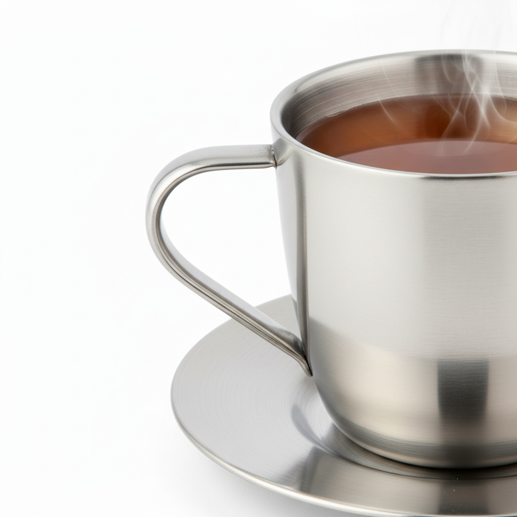 Close-up of double-wall rim and handle weld on stainless steel tea cup