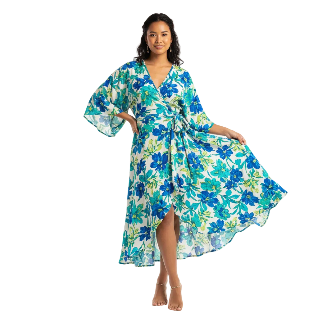 Blue green floral wrap dress model