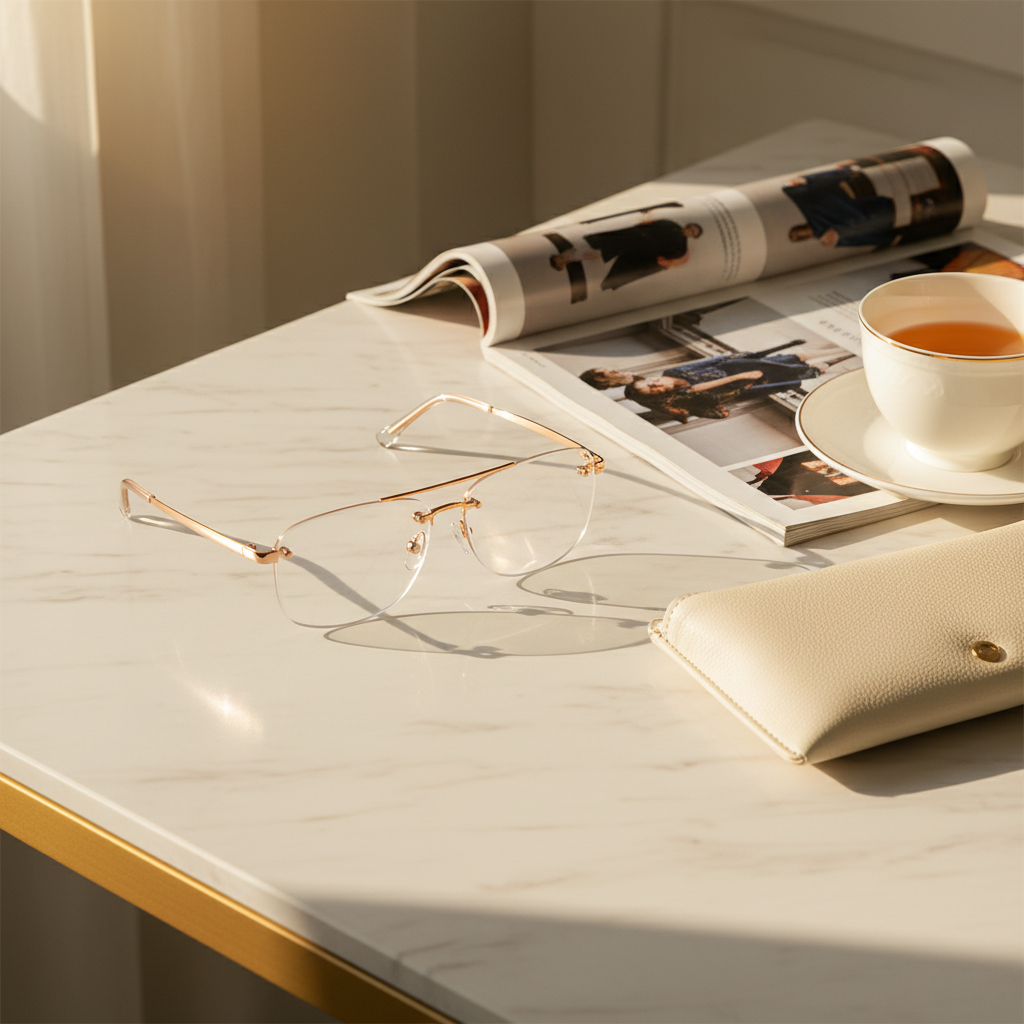 Rimless fashion glasses on marble desk beside magazine and ivory pouch