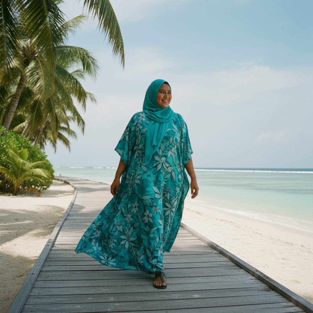 Indonesian Muslim woman turquoise kaftan at beach