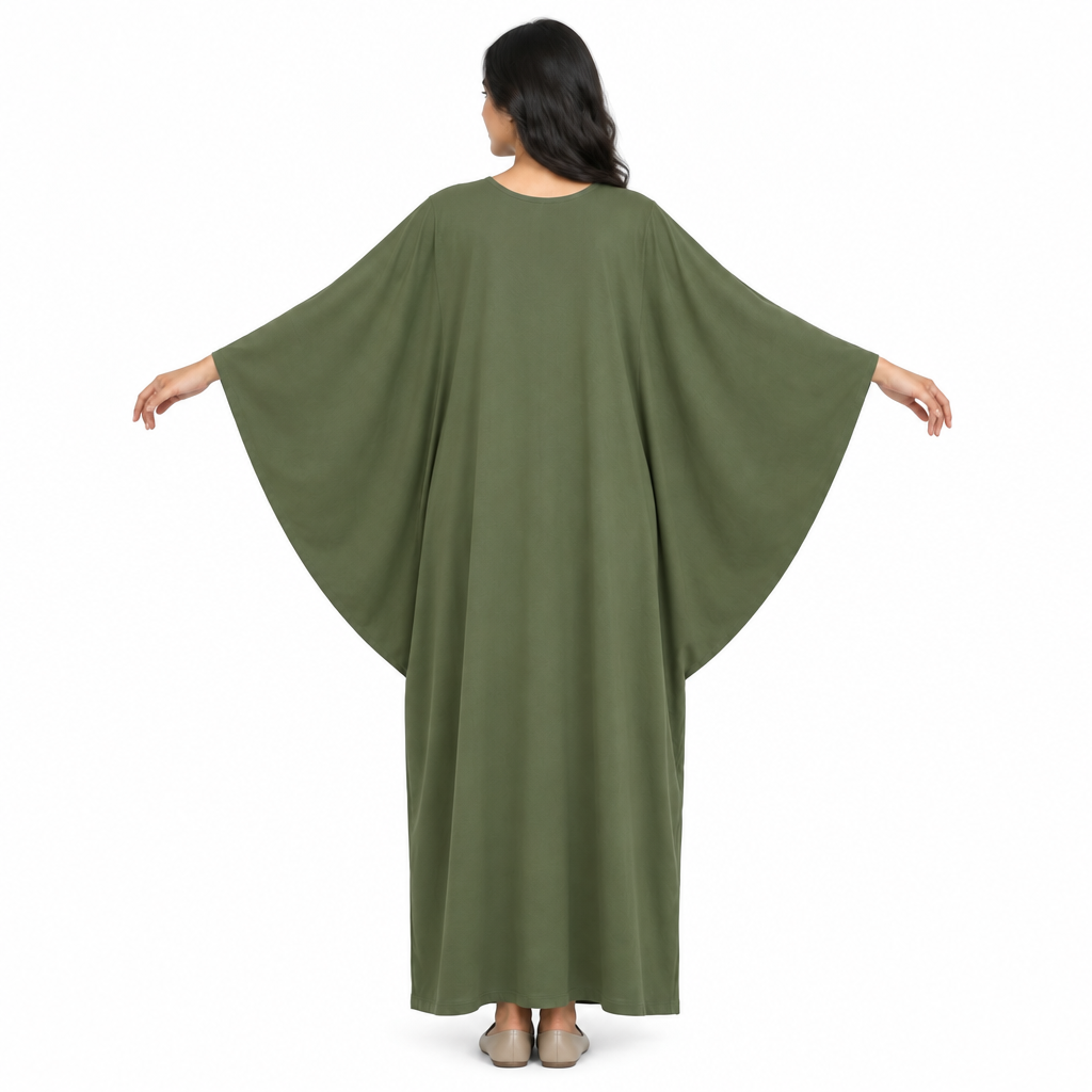 Back view of a full-length olive kaftan dress with both wide batwing sleeve panels spread against a white background