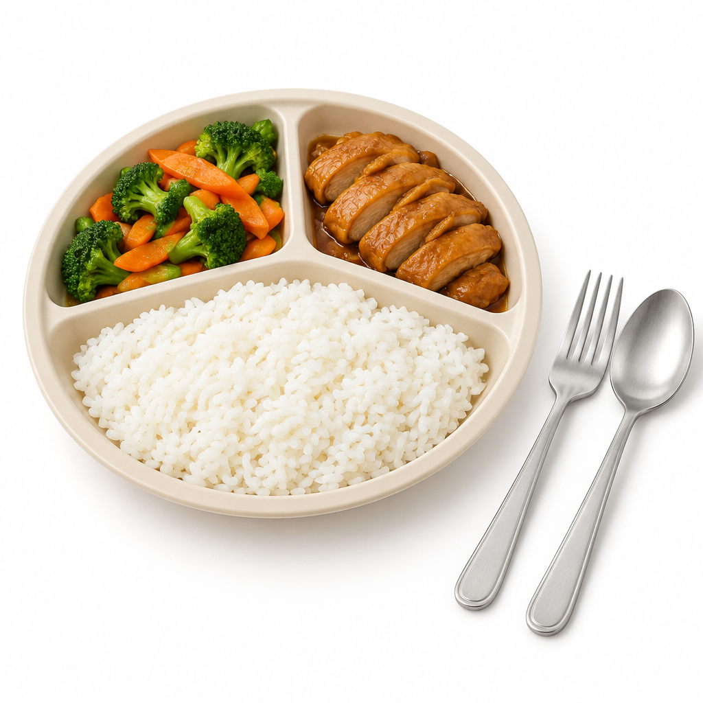 Round lightweight plastic compartment plate with separate sections served with rice, vegetables, and chicken meat on a seamless pure white background