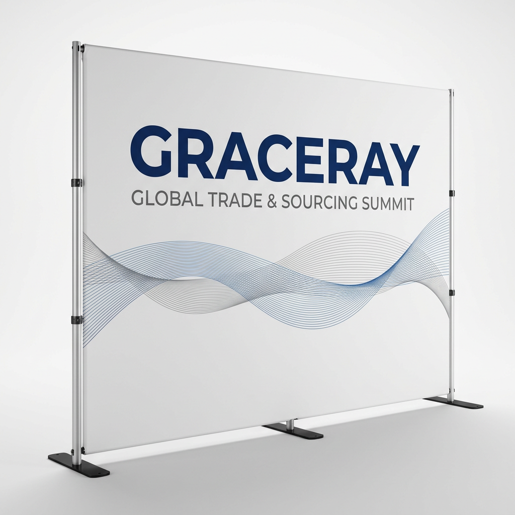 Custom printed tension fabric backdrop display assembled as a branded exhibition background.