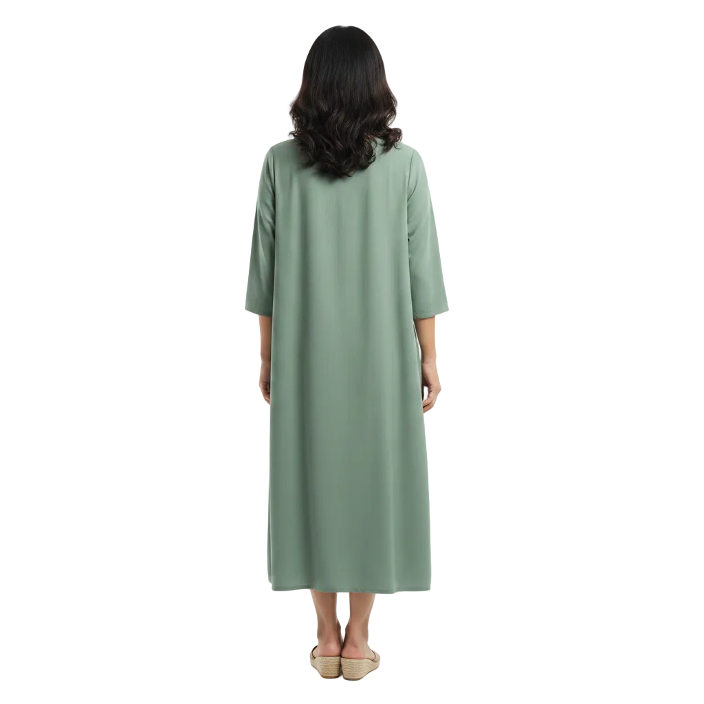 Back view of three-quarter sleeve v-neck casual dress on white background