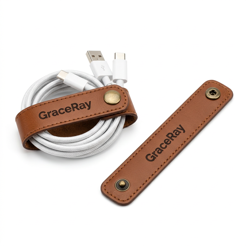 Custom logo cable organizer designed to keep charging cables neatly secured during storage.