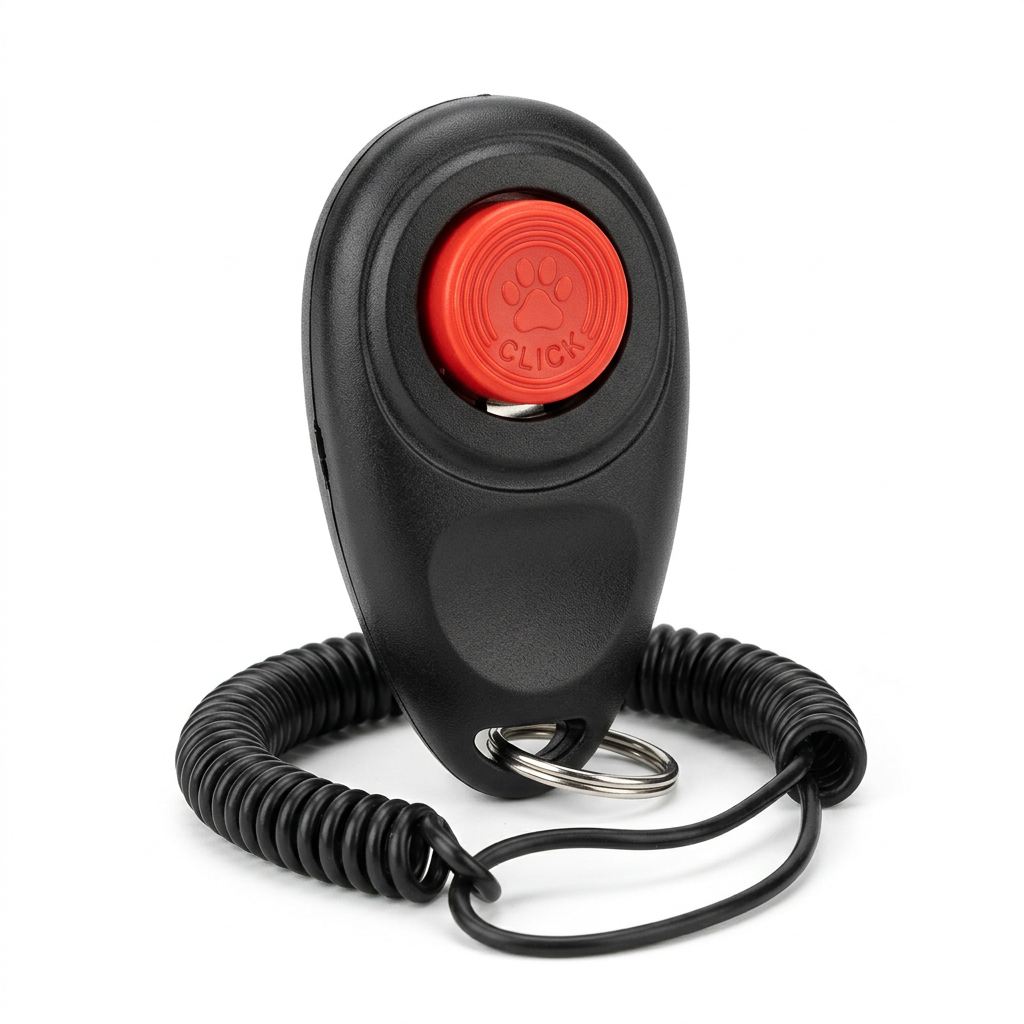 Ergonomic teardrop dog training clicker with raised red button and coiled wrist strap on pure white background