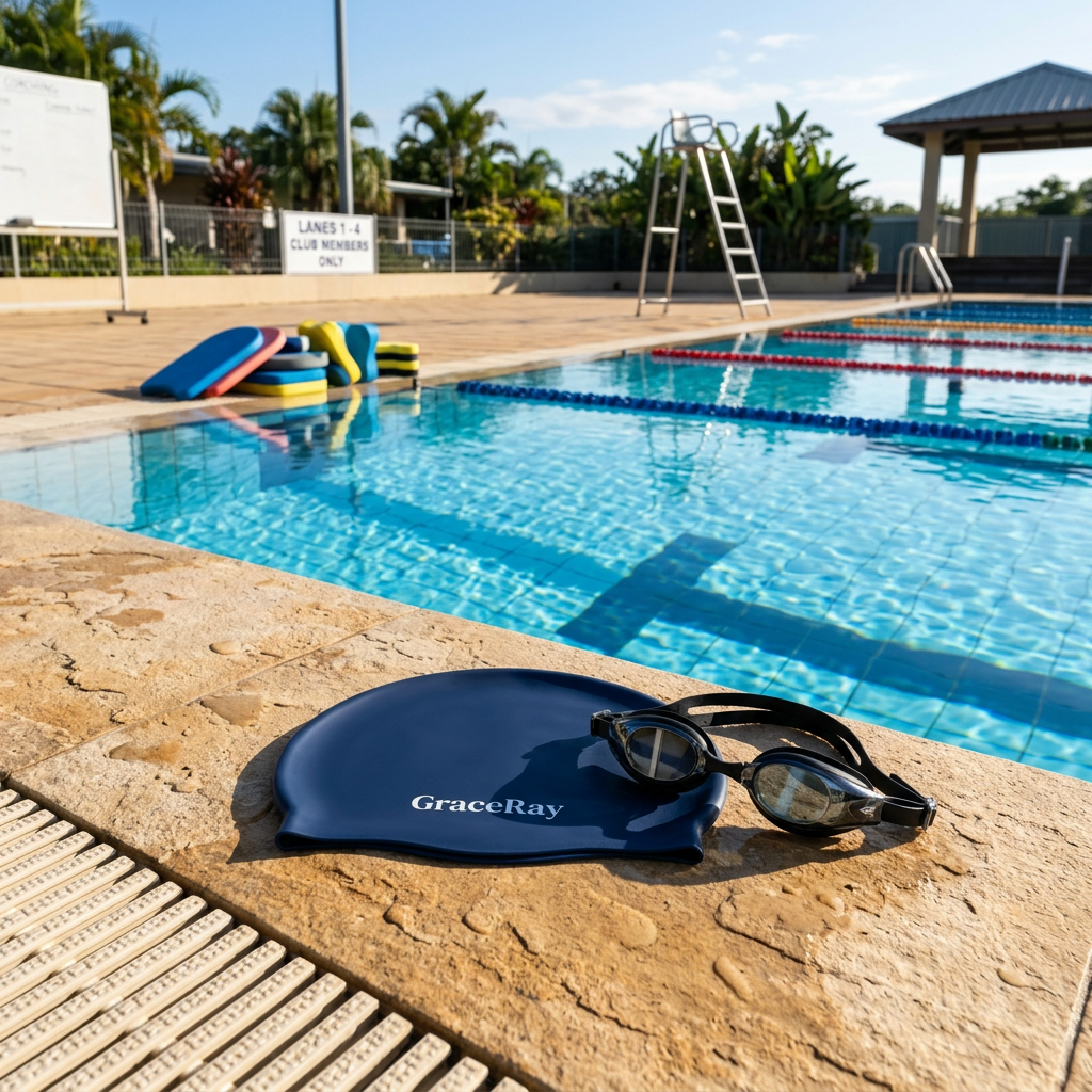 Silicone swimming cap resting on a pool coping beside training goggles