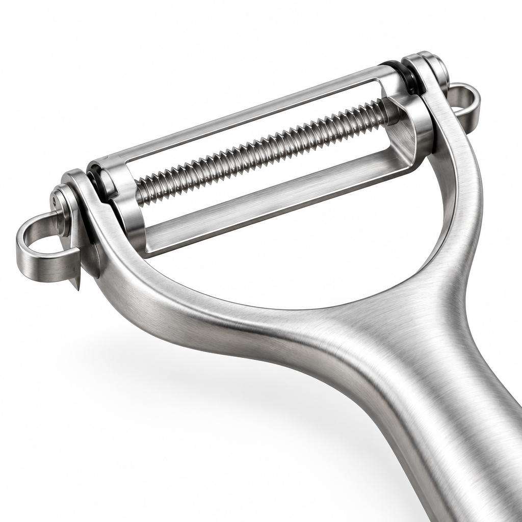 Close-up detail of stainless steel swiveling blade and eye remover of vegetable peeler