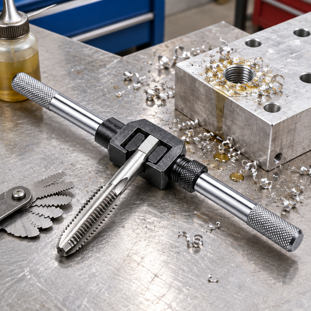 Adjustable tap wrench with clamped tap on a machine shop workbench beside drilled metal block, cutting oil, and thread pitch gauge