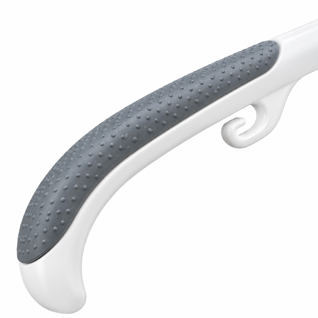 Macro close-up of textured grey rubber non-slip shoulder pad on white plastic hanger