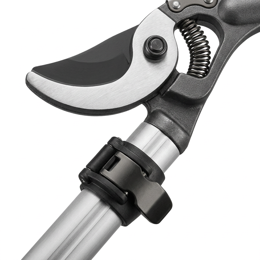 Macro close-up detail of telescopic pole pruner curved bypass cutting blade, return spring, and aluminum pole flip-cam clamp collar on pure white background