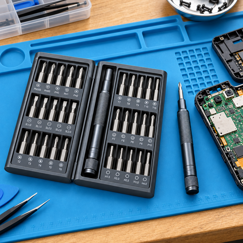 Precision screwdriver set on an antistatic silicone repair mat next to an opened electronic circuit board on a repair workbench