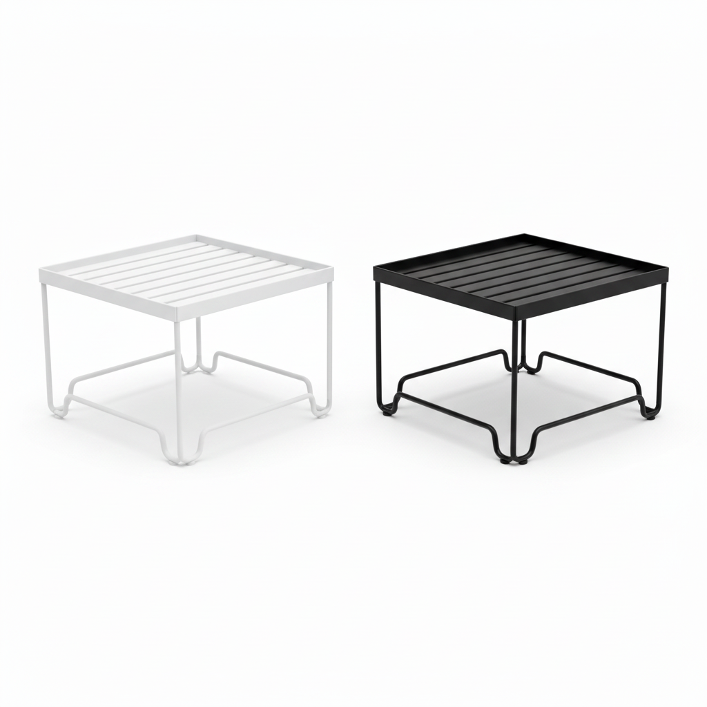 Individual stackable kitchen shelf racks in white and black finishes on pure white background