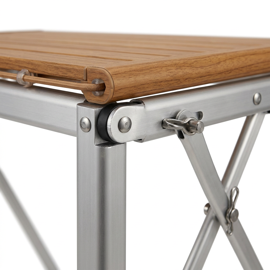 Detail close-up of folding camping table showing scissor frame aluminum tube hinges, lock pins, and wood-grain aluminum slats on white background