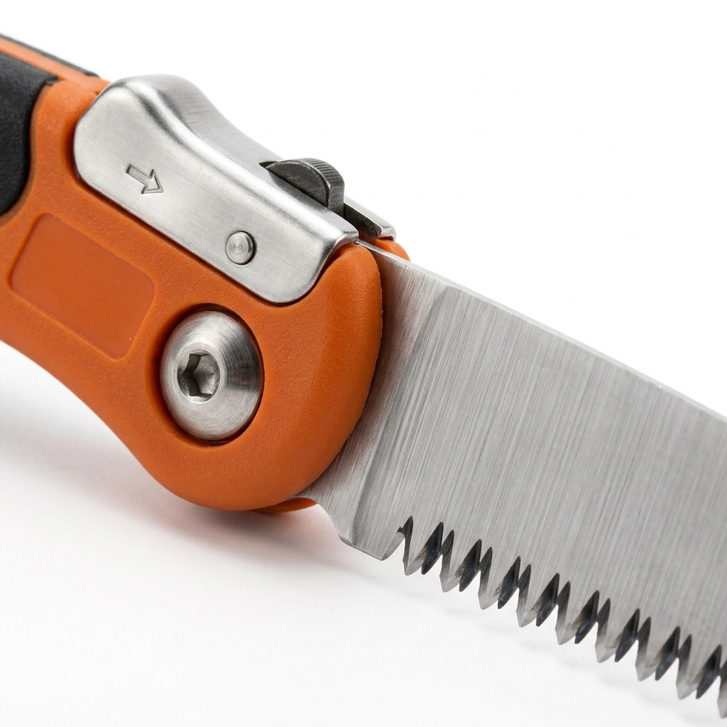 Macro close-up detail of folding pruning saw hinge bolt, top safety lock catch, and triple-cut razor teeth on pure white background