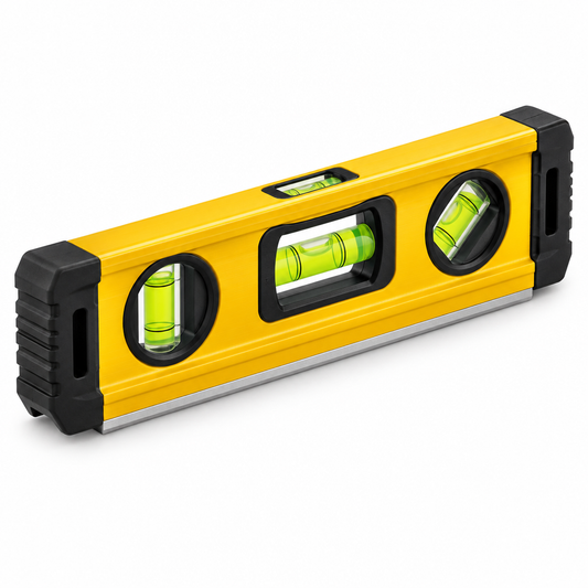 9-inch heavy-duty magnetic torpedo spirit level with yellow aluminum frame, black rubber end caps, and three acrylic green bubble vials on a seamless pure white background