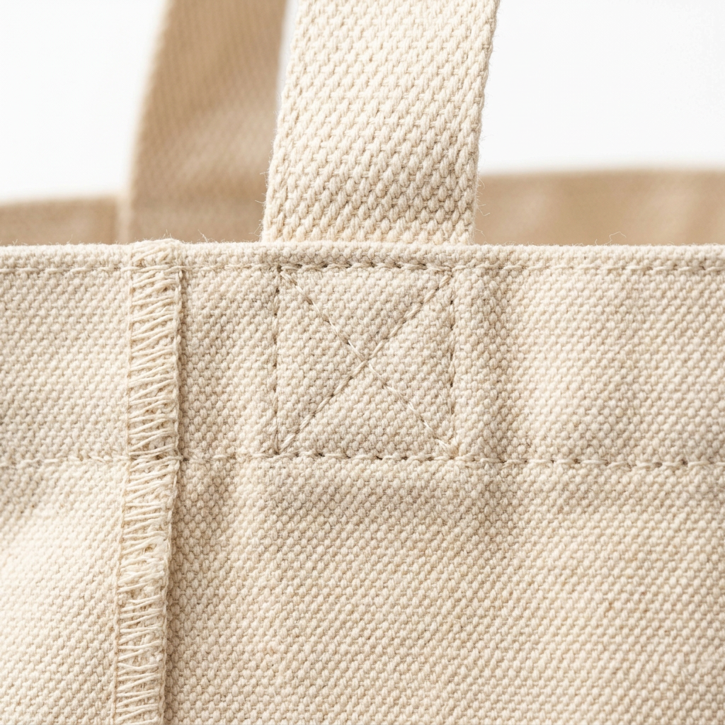 Detail close-up of custom cotton canvas tote bag showing reinforced cross-box handle stitching and woven canvas texture on white background