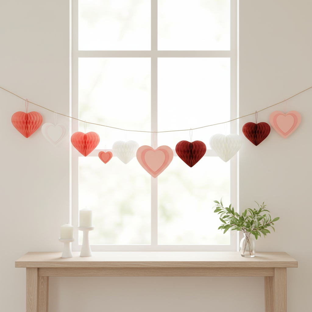 Red, coral, blush pink and white heart decorations hanging across a bright window above a simple console table.