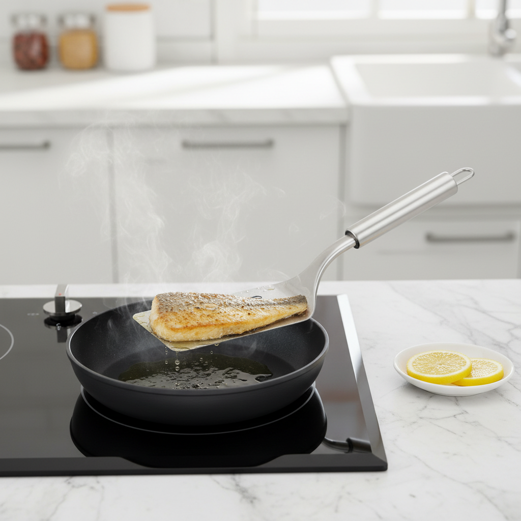 Stainless steel slotted turner lifting a seared fish fillet in a frying pan on an induction cooktop
