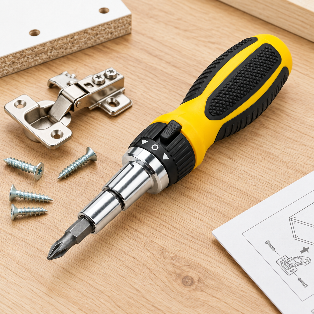 Ratcheting screwdriver resting on a wooden table surface during home furniture assembly repair