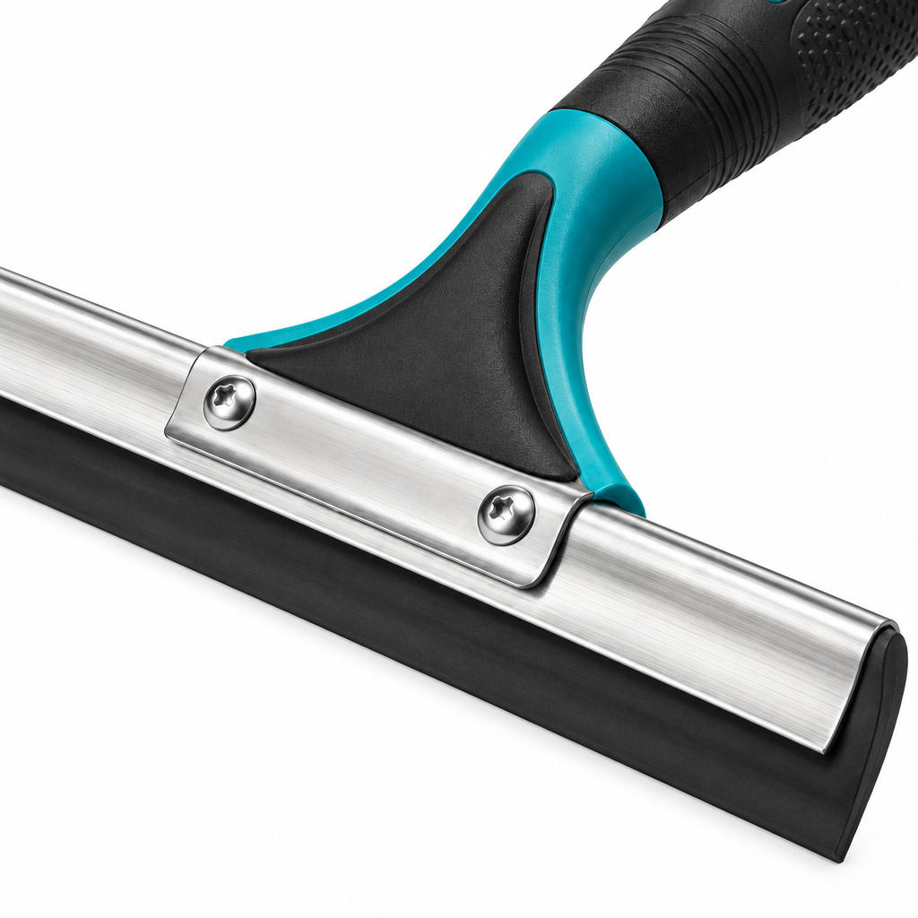 Close-up of the window cleaning squeegee stainless steel channel, fixing screws, and black rubber blade