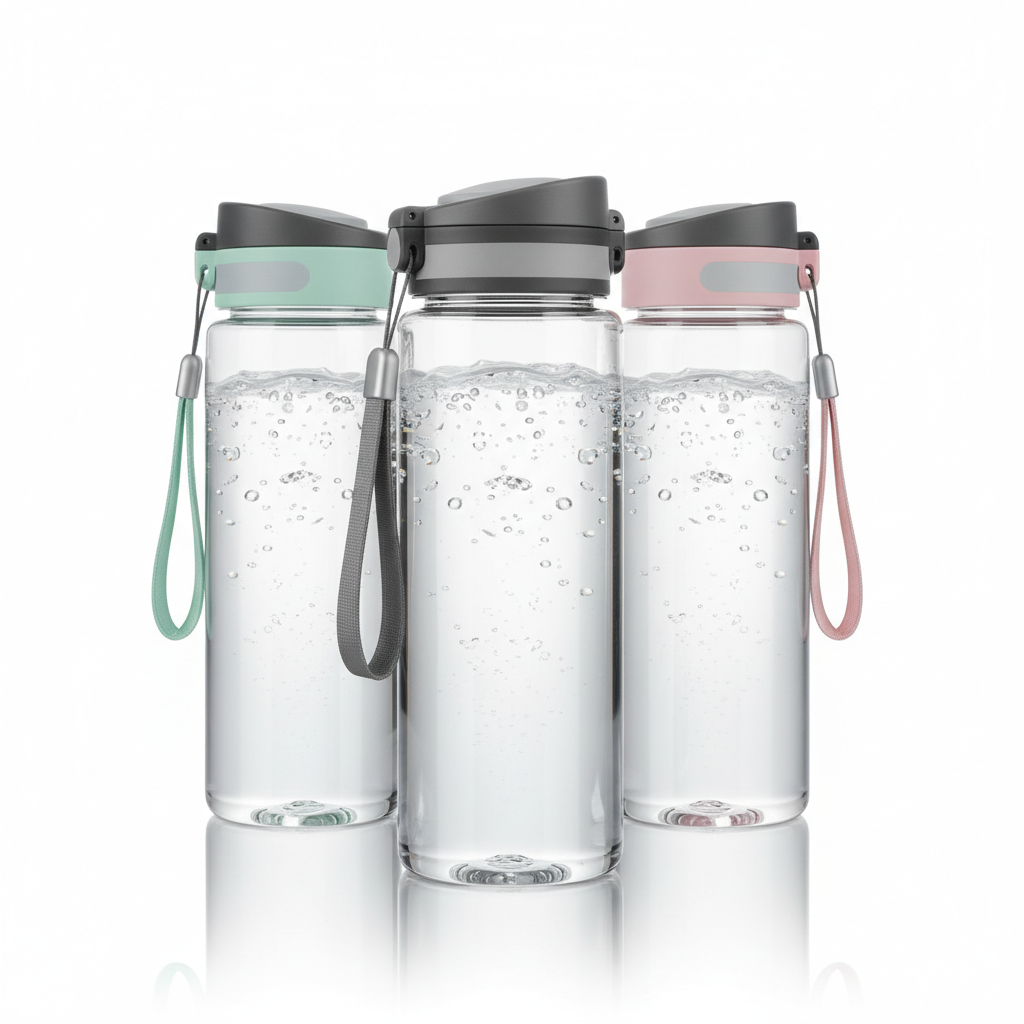 Clear Tritan water bottles with multiple lid colors on pure white background