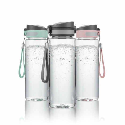 Clear Tritan water bottles with multiple lid colors on pure white background