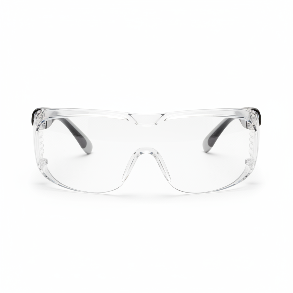 Wear-over prescription OTG safety glasses in clear polycarbonate on white background