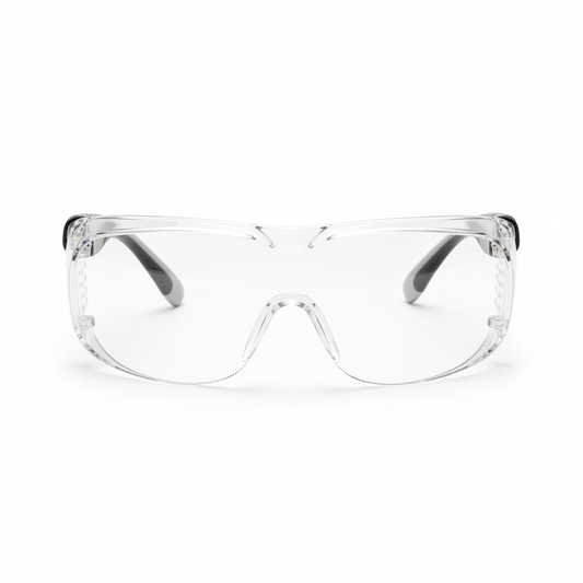 Wear-over prescription OTG safety glasses in clear polycarbonate on white background