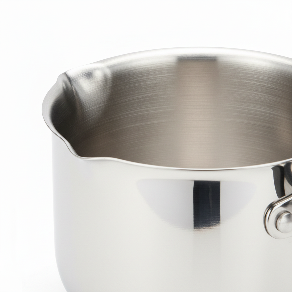 Macro detail of precision pouring spout rim, satin interior wall, and riveted handle bracket