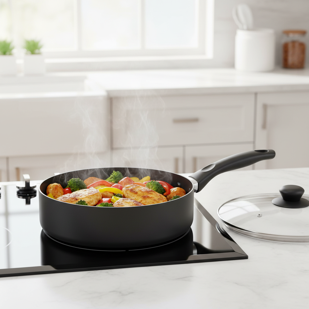 Deep non-stick sauté pan cooking chicken and vegetables on induction cooktop in modern kitchen
