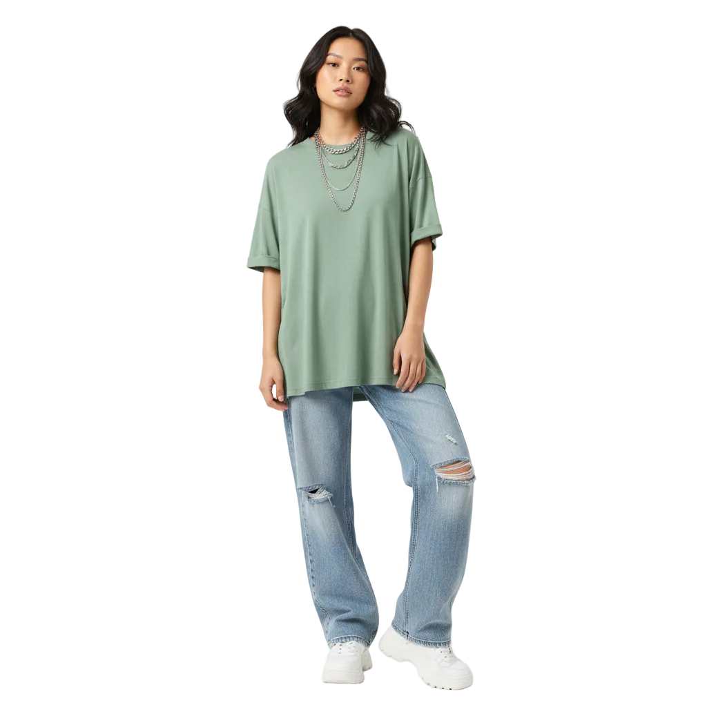 Oversized sage green t-shirt model