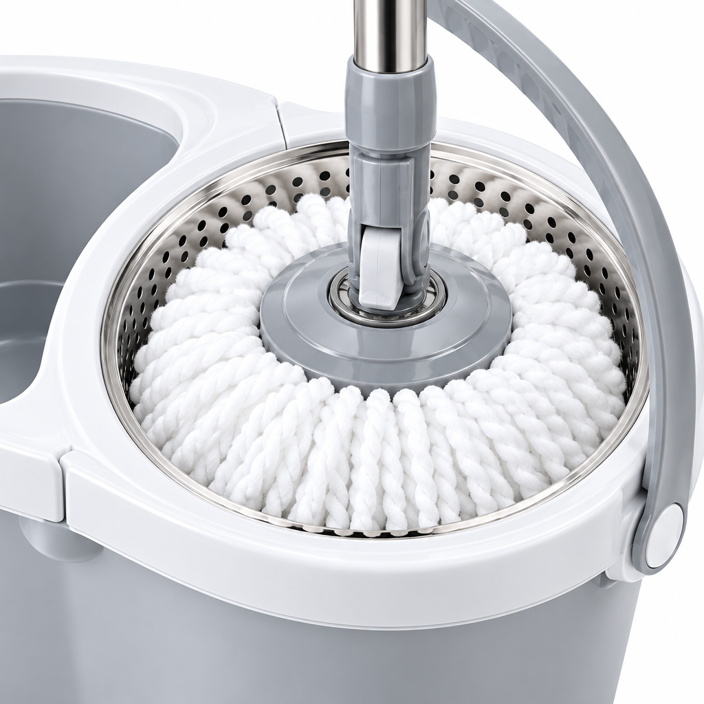 Close-up of the spin mop stainless steel wringer basket and microfiber head inside the bucket