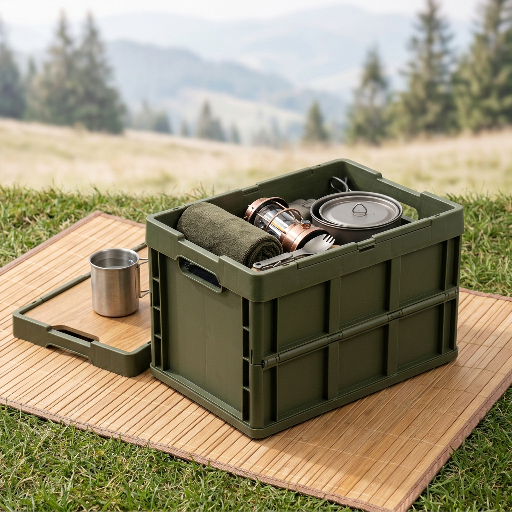 Collapsible outdoor storage box with wooden tabletop lid holding camping gear and lightweight outdoor supplies in a scenic camping setup